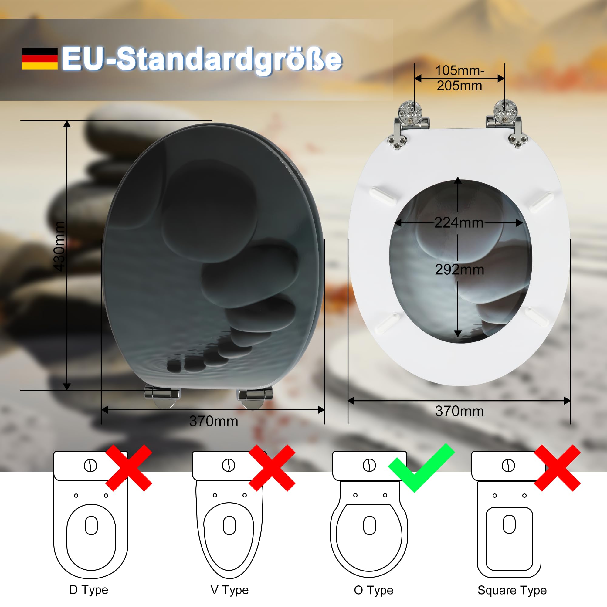 SINOBATH Wc Sitz Mit Absenkautomatik,Viele bunte Motive,Toilettendeckel aus Holz,Stabile QualitäT,Einfache Montage(Black Stones)