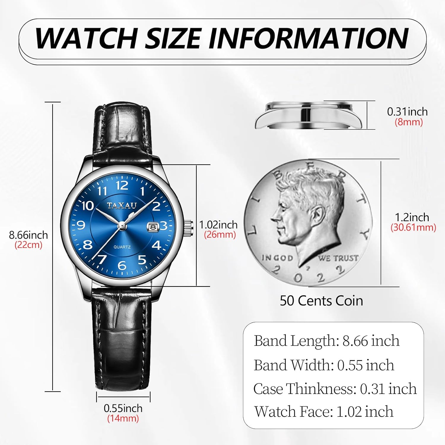 Dress Watches for Women Waterproof Leather Watch Ladies Watches Analog Quartz Small Wrist Watch with Date, Large Arabic Number Easy Read Casual Classic Elegant Watch Brown/Black Band Blue Face-Black Band-KMN-L8863 image 4 of 7 B0DQ86VZQ7