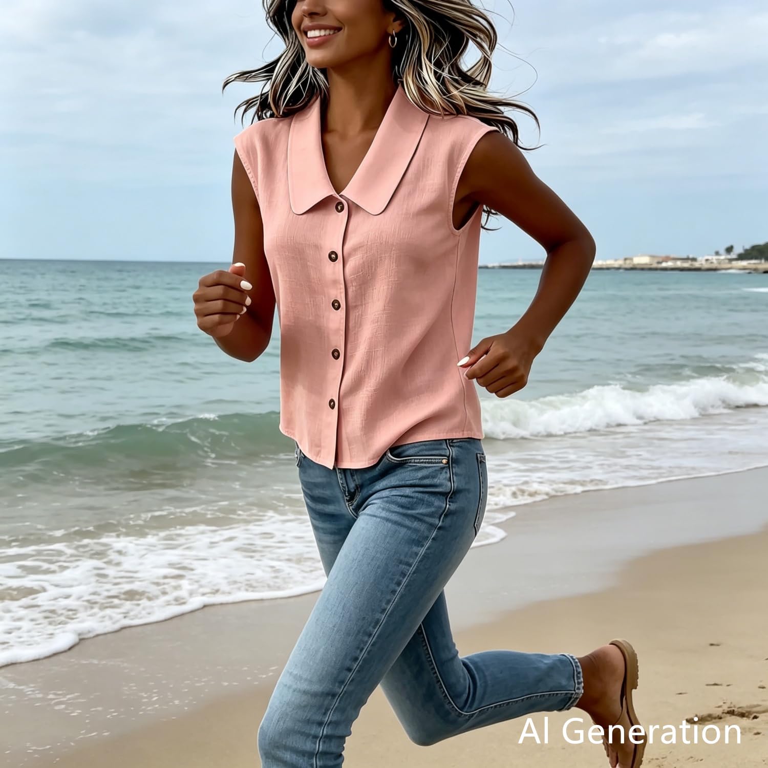 Camicia estiva senza maniche da donna con abbottonatura e colletto ampio | Top estivi senza maniche con scollo a V e colletto per donna