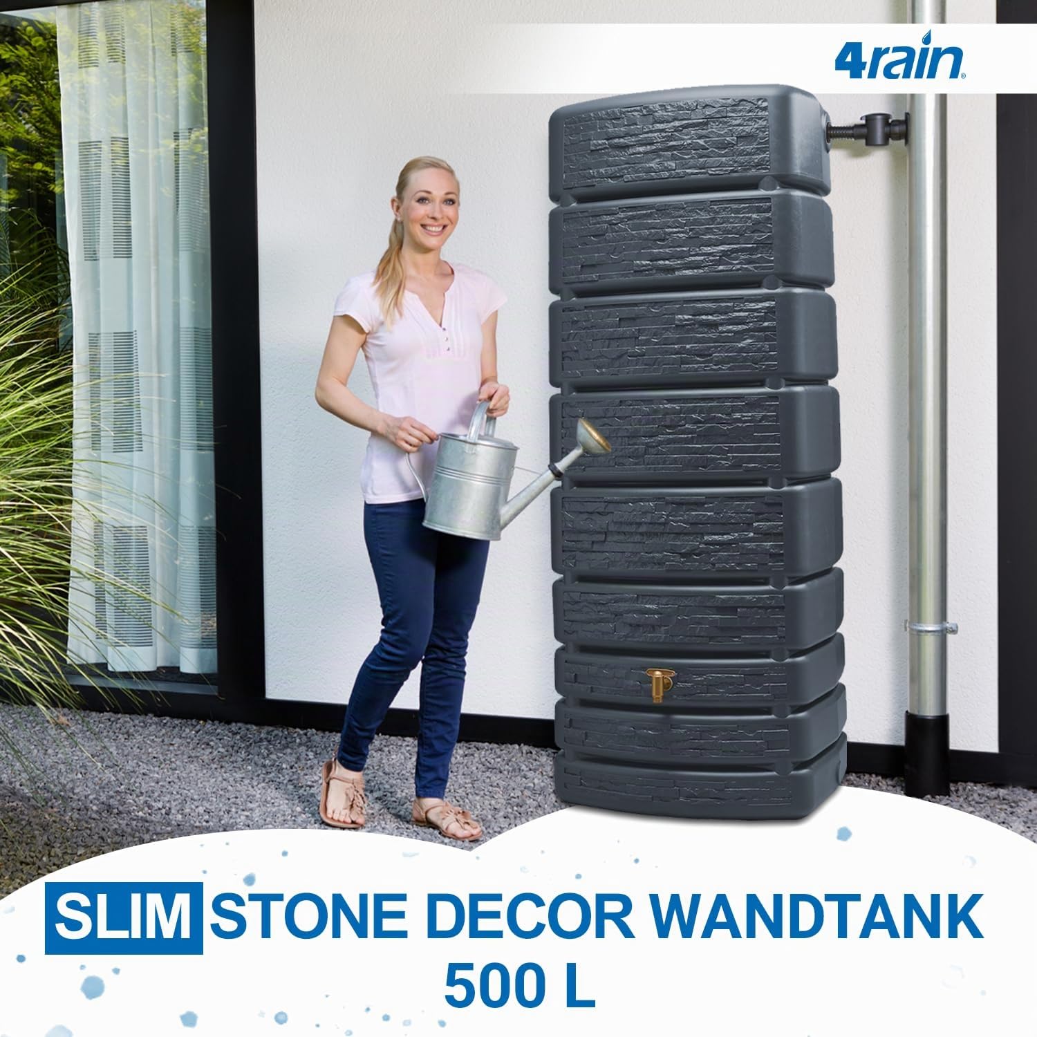 4rain Slim Stone Decor Regentonne Wandtank 500 Liter Graphite Grey - schmale Steinoptik für den Garten - Moderne Wasserentnahme mit Auslaufhahn - nachhaltige Aufstellung an der Hauswand mit Öffnung