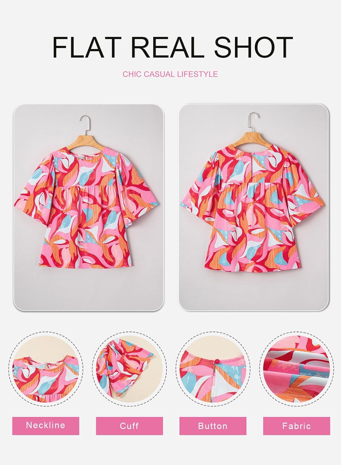 SHEWIN Women's Casual V Neck Floral Print Chiffon Blouses 3/4 Sleeve Boho Summer Tops Shirts - Image 6