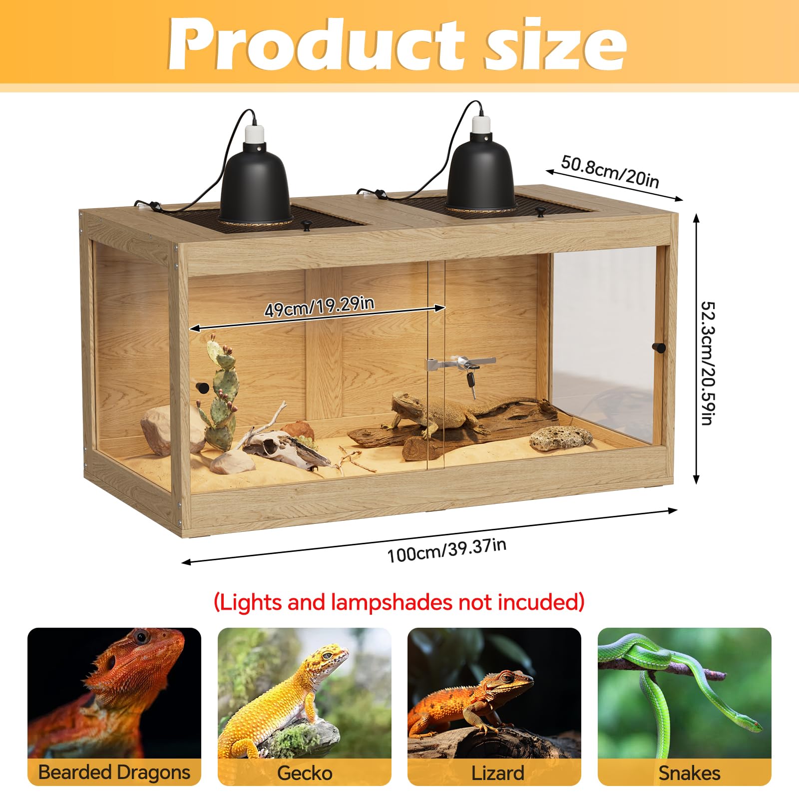 Terrarium für Reptilien & Amphibien, 100x50.8x52.3cm Reptilien Terrarium Holz mit 360°-Panoramablick aus Glas, Belüftung und Sicherheitsschloss, Terrarium Groß für Bartagame, Schlangen, Jungtiere