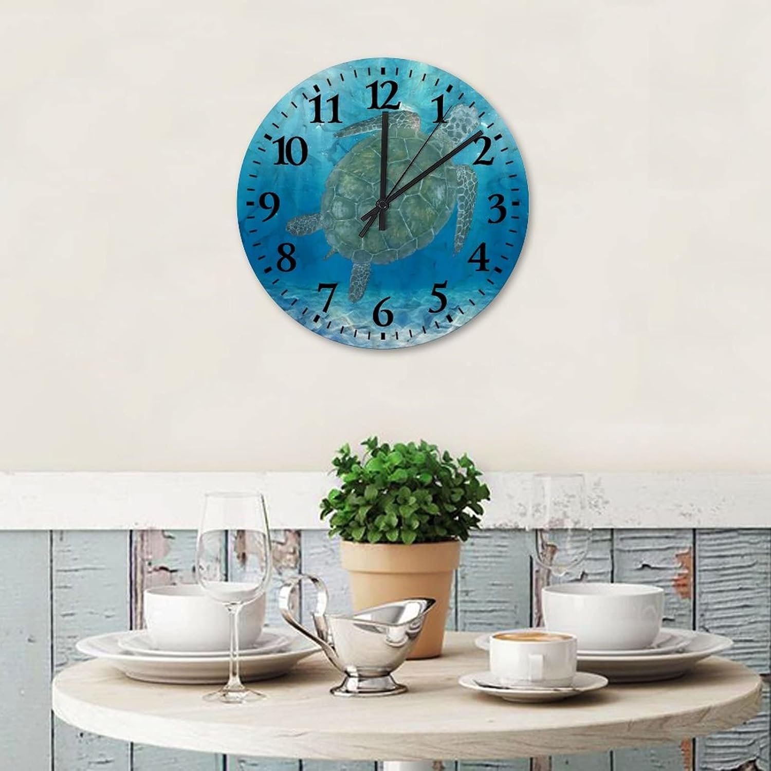 Sea Turtle Wood Wall Clocks 15 Inch, Vintage Beach Theme Retro Wood Wall Clock Silent Non-Ticking Round Arabic Numbers Clock for Bedroom Living Room Home Decor