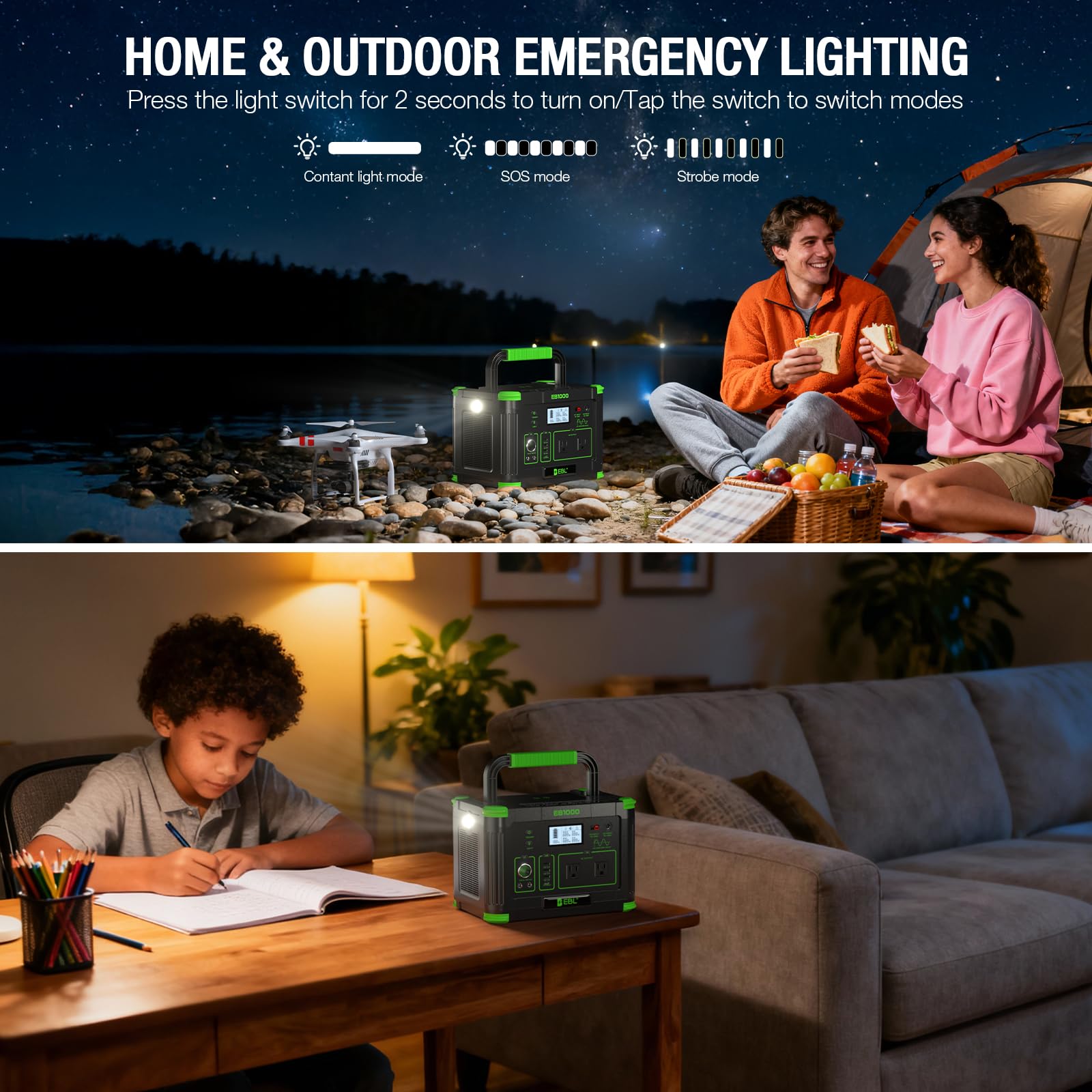 Solar Generator 1000W (Peak 2000W), EBL 999Wh Portable Power Station, 110V Pure Sine Wave AC Outlet with PD 60W USB-C Fast Charging, Outdoor Camping RV Van Home Backup Off-Grid Living