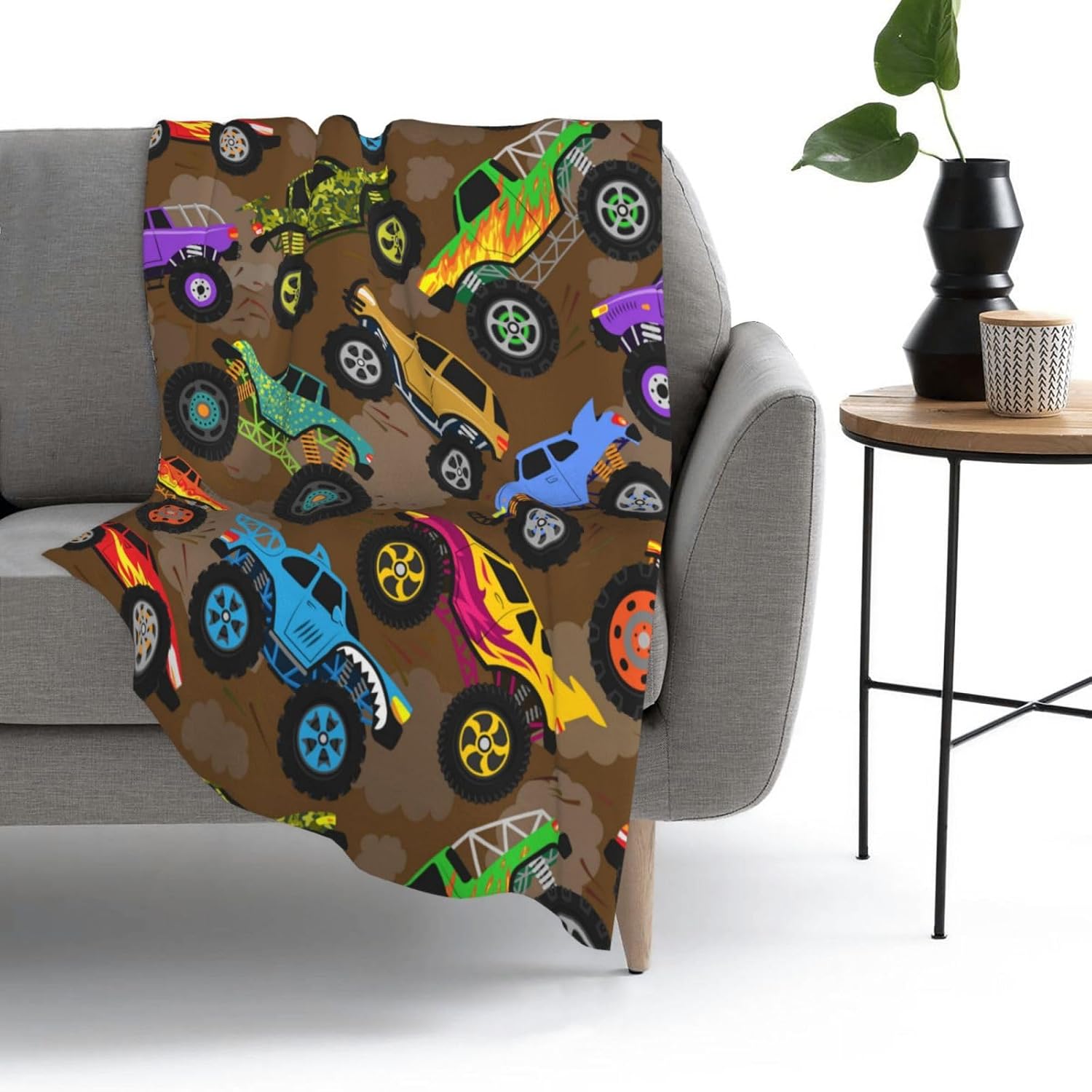 Cool Monster Cartoon Truck Car Throw Blanket Soft Bed Bedding Warm Cozy Plush Flannel Fleece Blankets Gifts for Kids Boys Teens, Sofa Couch Bedroom Home Decor, 50"x40"