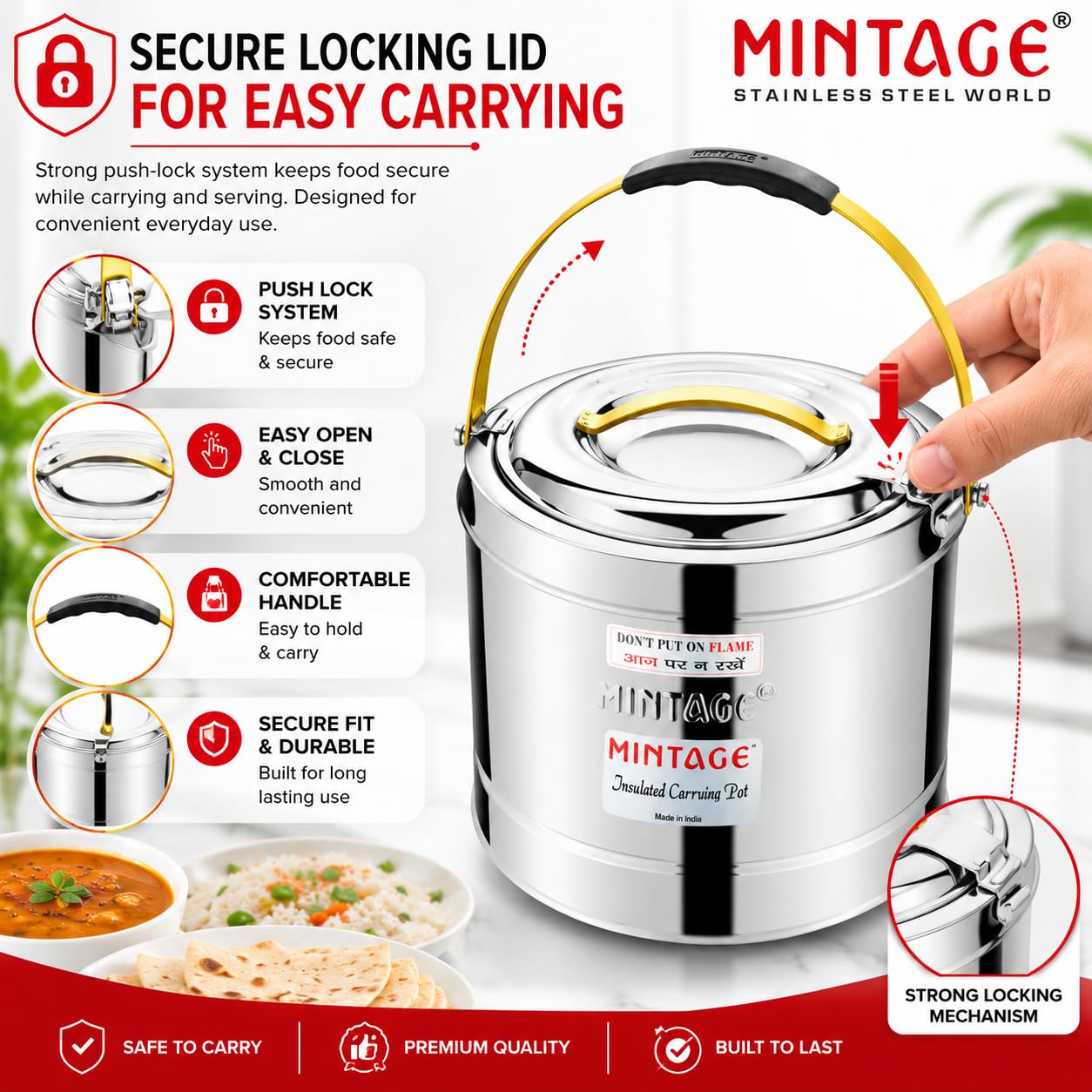Mintage Sambar Pot Stainless Steel 5 Liters with Lid | Casserole for Cooking with Side Handles | Canteen & Hotel Container | Biryani Box Puff Insulated Hot & Cold 2