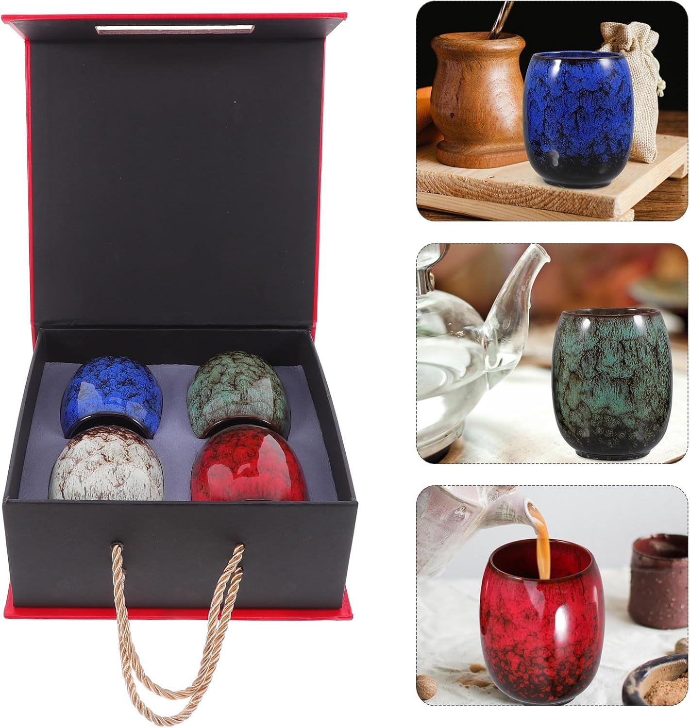 4pcs Japanese Style Ceramic Coffee Tea Cups Set, Porcelain Kung Fu Teacups with Traditional Glaze, Chinese Traditional Tea Mugs for Home and Holiday Box