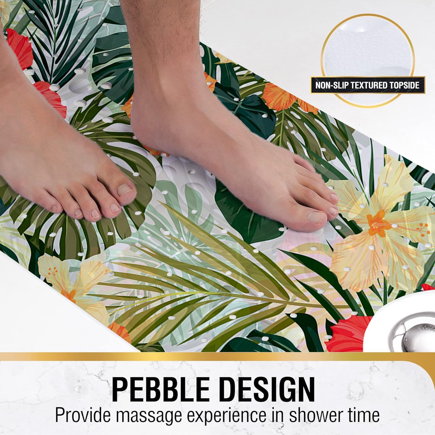 Bathtub Mat Non Slip, 40x16 inch Bath and Shower Safety Mats, Summer Tropical Plants and Flowers Tub Mat for Bathroom, Tub Shower Mat with Drain Holes and Suction Cups