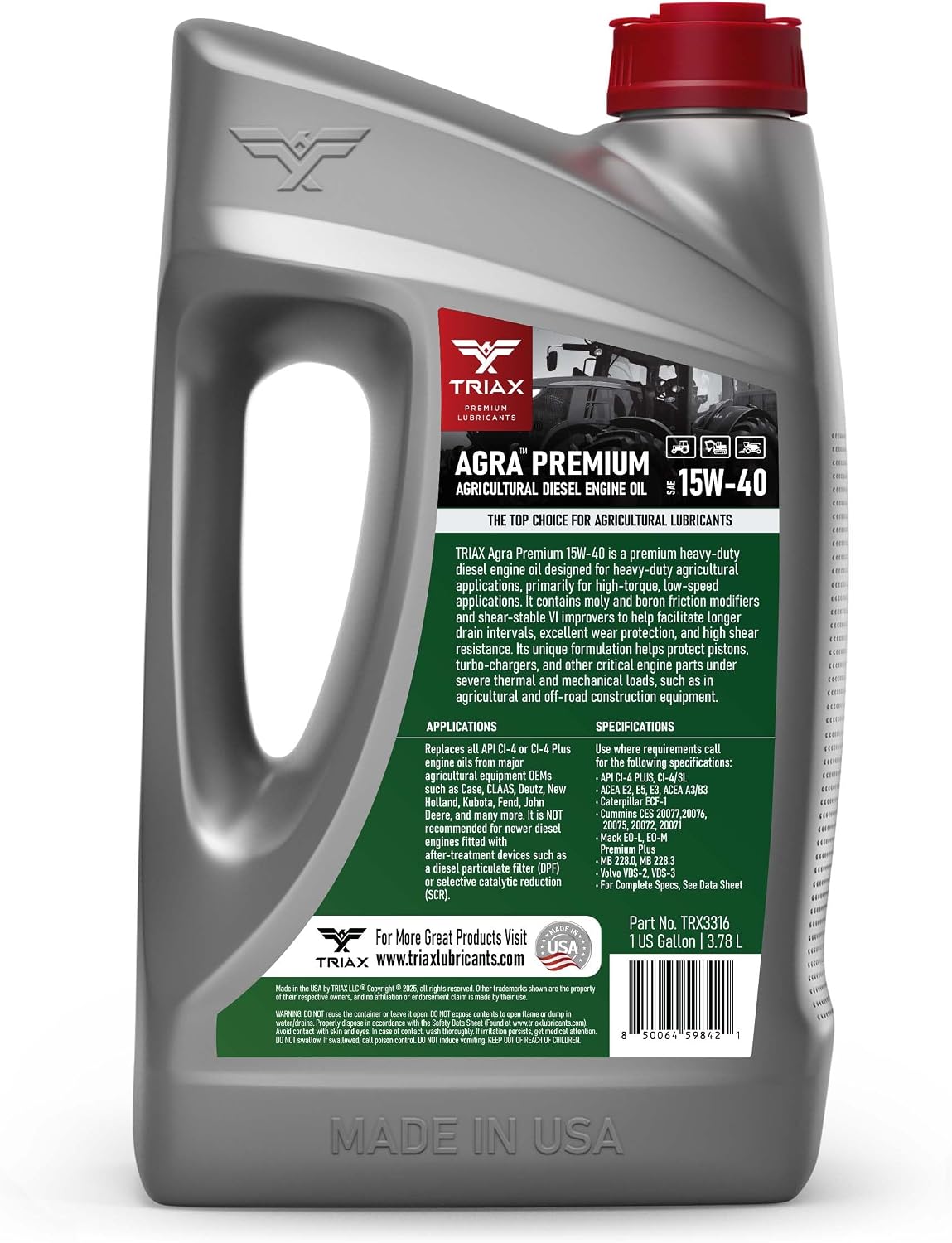 TRIAX Agra Premium 15W-40 - Super Heavy Duty Diesel Engine Oil for Agricultural and Off-Road Construction Applications - API Licensed CI-4 - Friction Modified with Moly and Boron (1 Gallon)