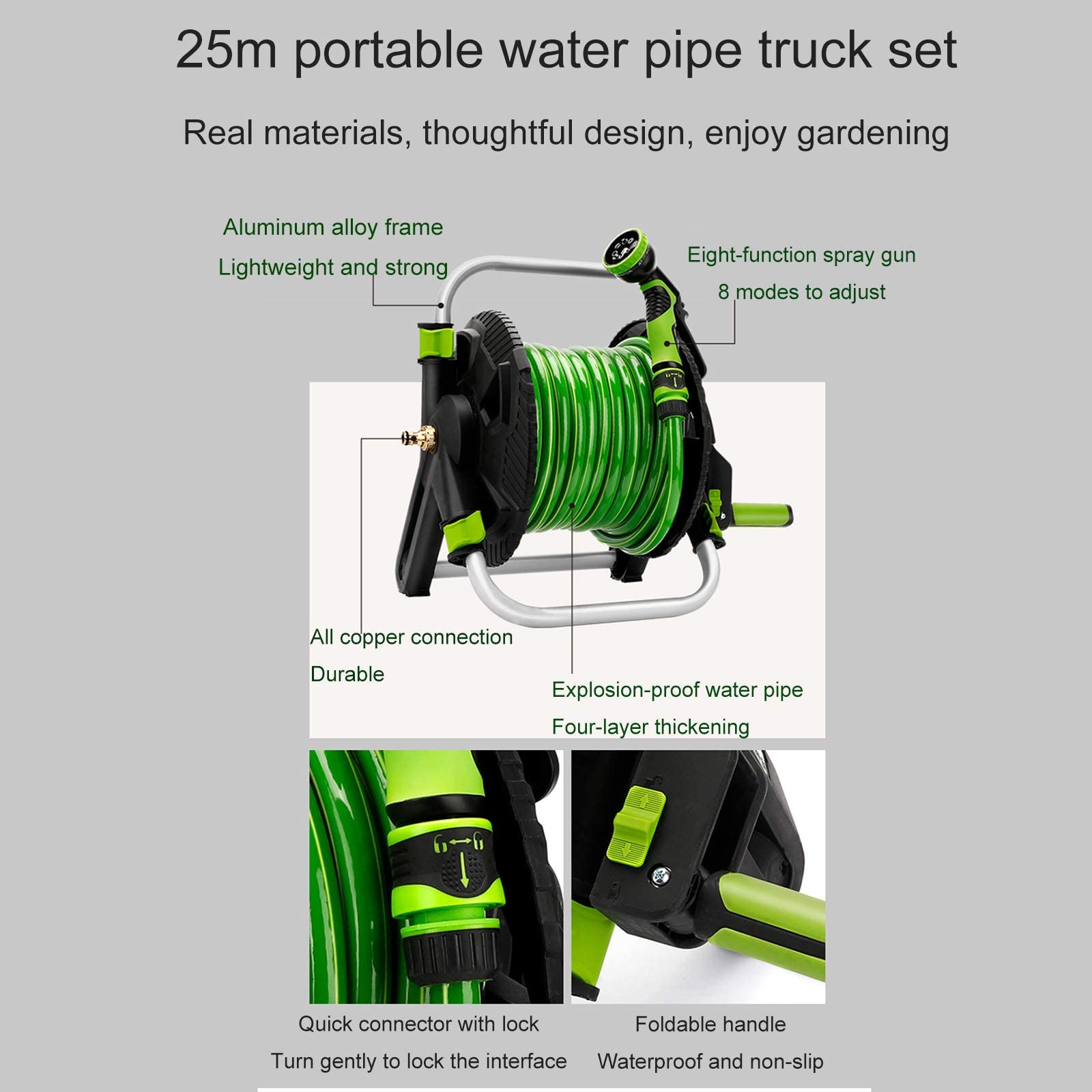Carrete de manguera portátil con manguera de 25 m, Kit de jardinería para principiantes para estante de almacenamiento de tuberías de agua de aluminio, Con accesorios de conexión y pistola d