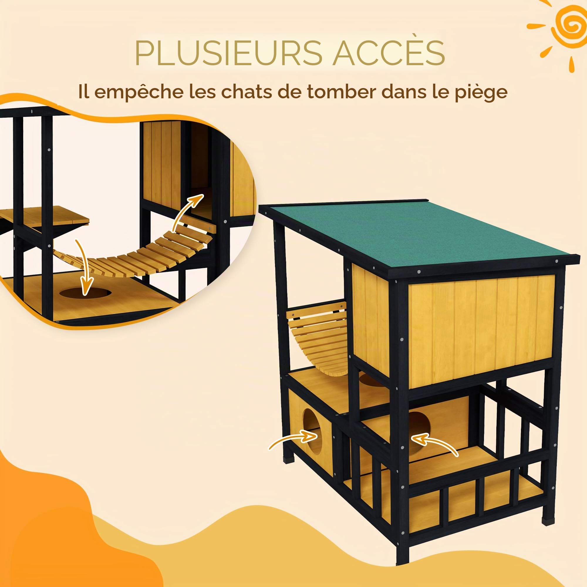 PawHut Maison en Bois imperméable pour 1-2 Chats Jaune 84.5x60x88cm