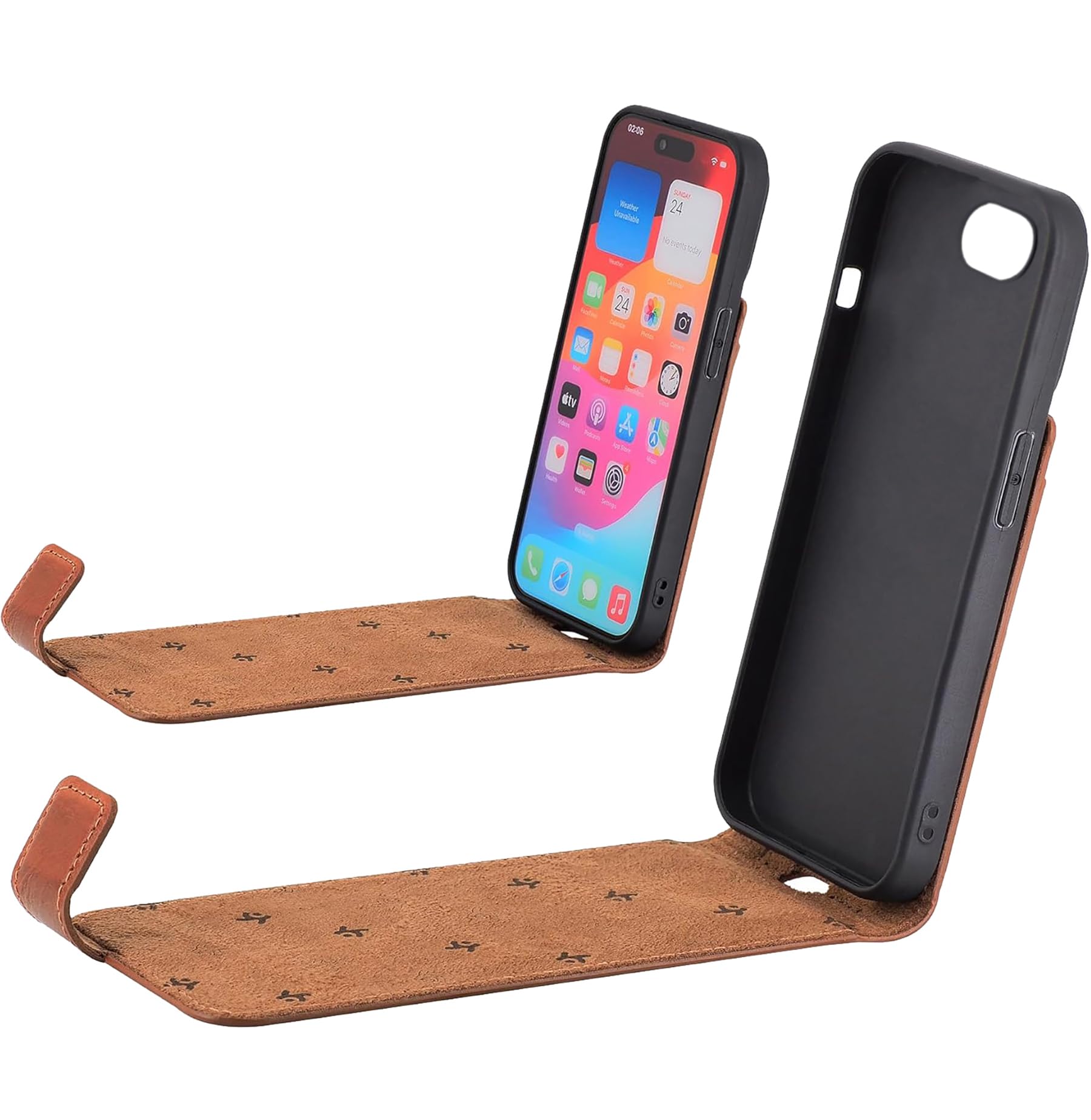 Suncase Étui de protection à rabat original en cuir véritable ultra fin compatible avec iPhone 17e Cognac brûlé
