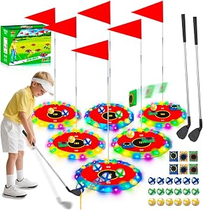 VATOS Juego de golf 2 en 1 con luz para niños – Juego de golf de astillado y lanzamiento de bolsa de puf con 6 objetivos LED, 2 palos, 18 bolas, juego de golf nocturno para fiesta en interiores al