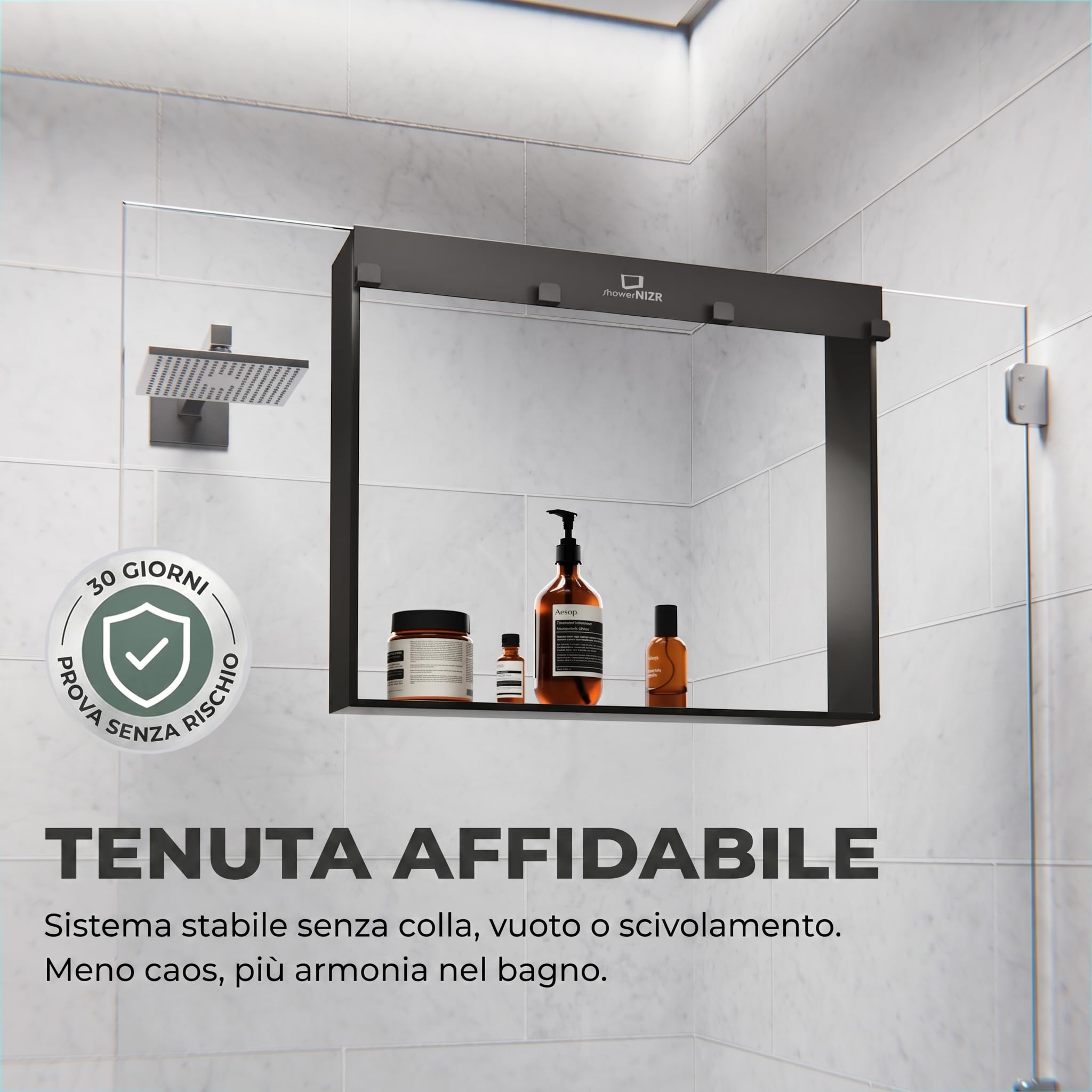 ShowerNIZR Mensola doccia Grey - Mensola doccia senza foratura da appendere alla parete in vetro in acciaio inox con 4 ganci porta shampoo per organizer doccia moderno e ordine nel box doccia