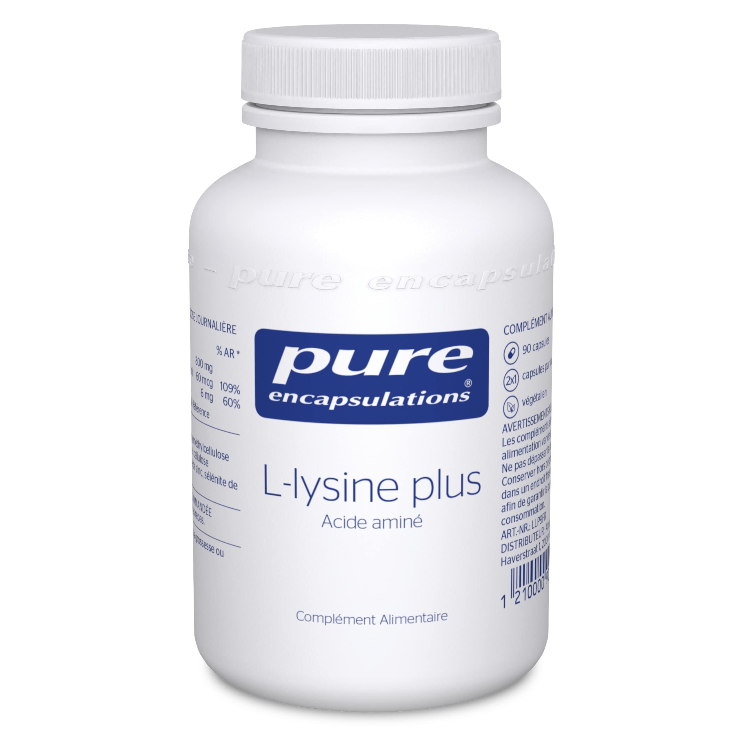 Pure Encapsulations - L-Lysine Plus - Acide Aminé Essentiel avec Sélénium & Zinc - Supplément Hypoallergenique - 90 Gélules Véganes