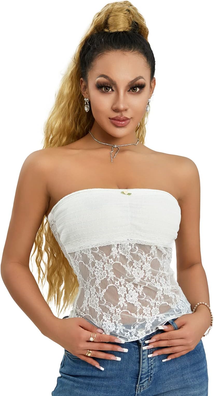 SnowchicSexy Lace Tube Tops for Women Sleeveless Sheer Mesh Crop Top Slim Fit Strapless Tank Bustier Summer Clothes