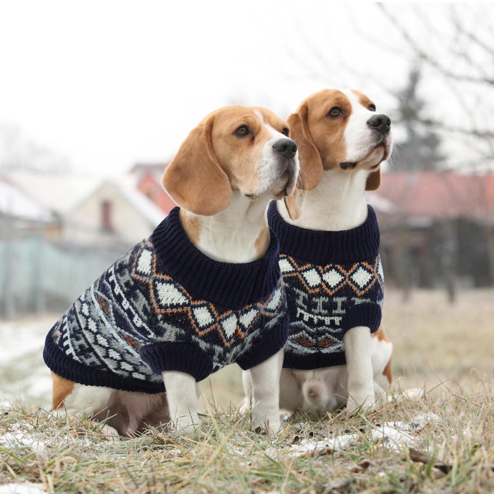 Hundepullover für kleine Hunde – Boho Strickpullover warm & dick für kalte Wintertage | weich & elastisch | mit Geschirröffnung | leicht anzuziehen | Mops Shih Tzu (Marineblau M)