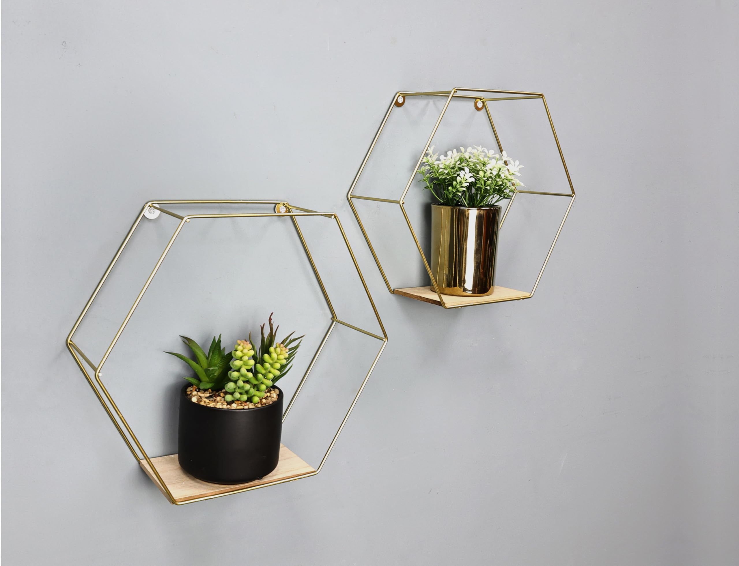 spot on dealzยฎ Set of 2 Metal Wired Hexagon Wall Floating Shelves Elegant Design Fully Assembled Display Unit (Gold)