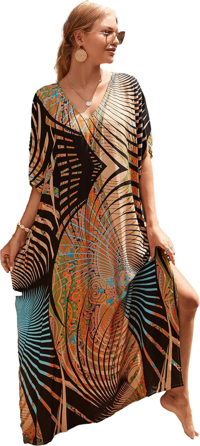 kaftan dresses for women Ethnic Print Kaftan Beach Dress Plus Size Swimsuit Cover Up