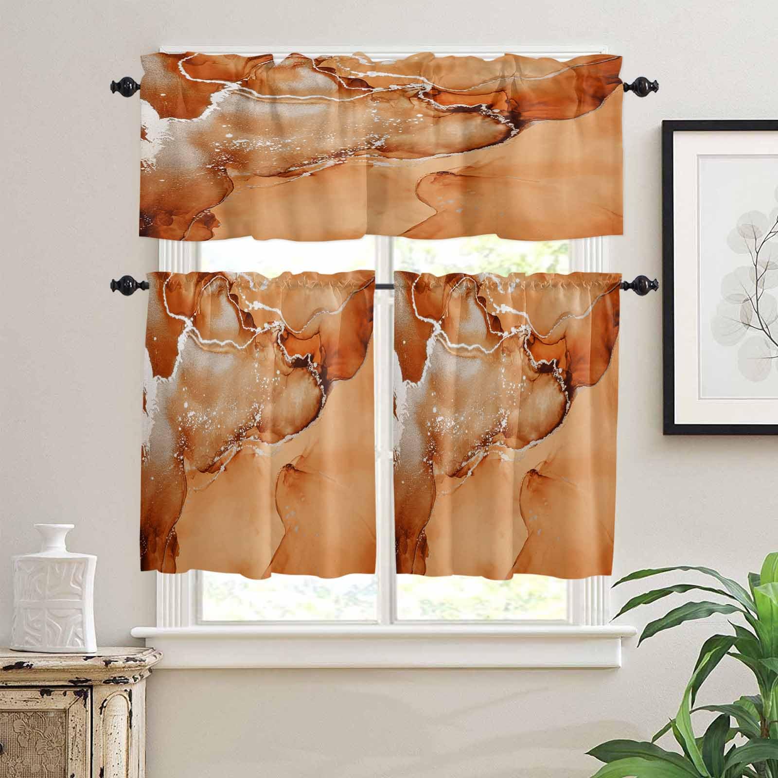 Marble Burnt Orange Kitchen Curtains 36 Inch Length,3 Piece Rod Pocket Small Half Tiers and Valance Set,Modern Abstract Ink Painting Luxury Small Large Window Treatment Decor for Bedroom/Bathroom