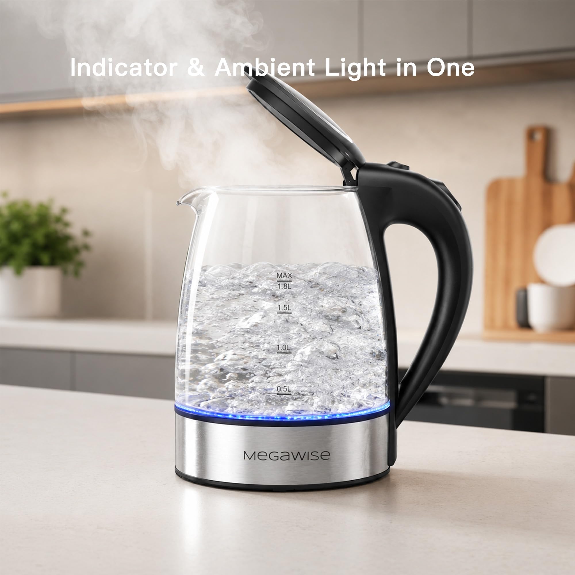 MegaWise Hervidor de agua eléctrico de vidrio borosilicato de 1,8 l con luz LED, apagado automático y protección contra ebullición en seco, hervidor de agua inalámbrico, hervidor de agua de cocción