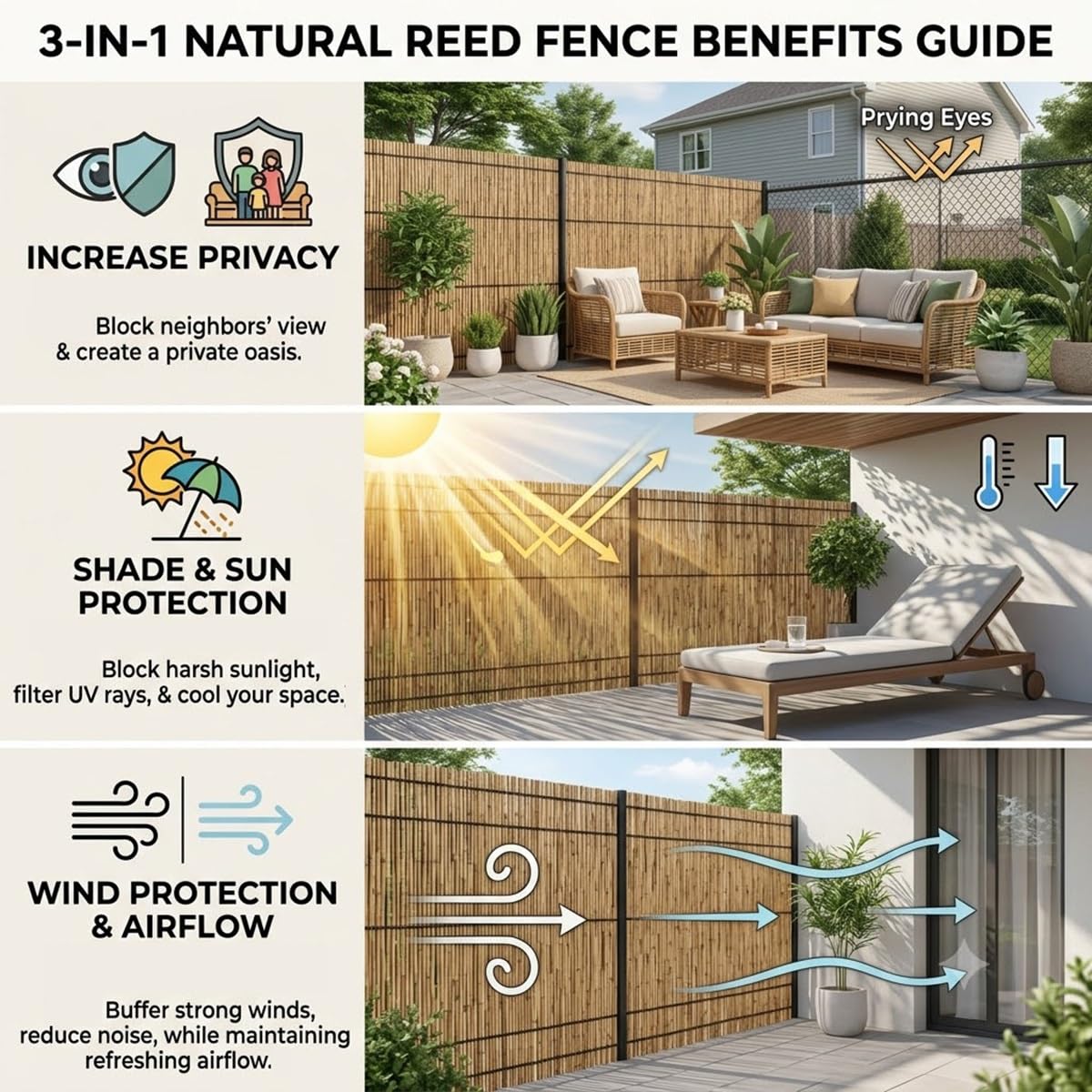 Canisse en Roseau Naturel 1.2x5m, 1.5 1.8m Brise Vue Jardin et Balcon, Rouleau Clôture Extérieur Écologique, Panneau Occultant Imitation Bambou Pare-Soleil et Brise-Vent(Natural,H150xL900cm)