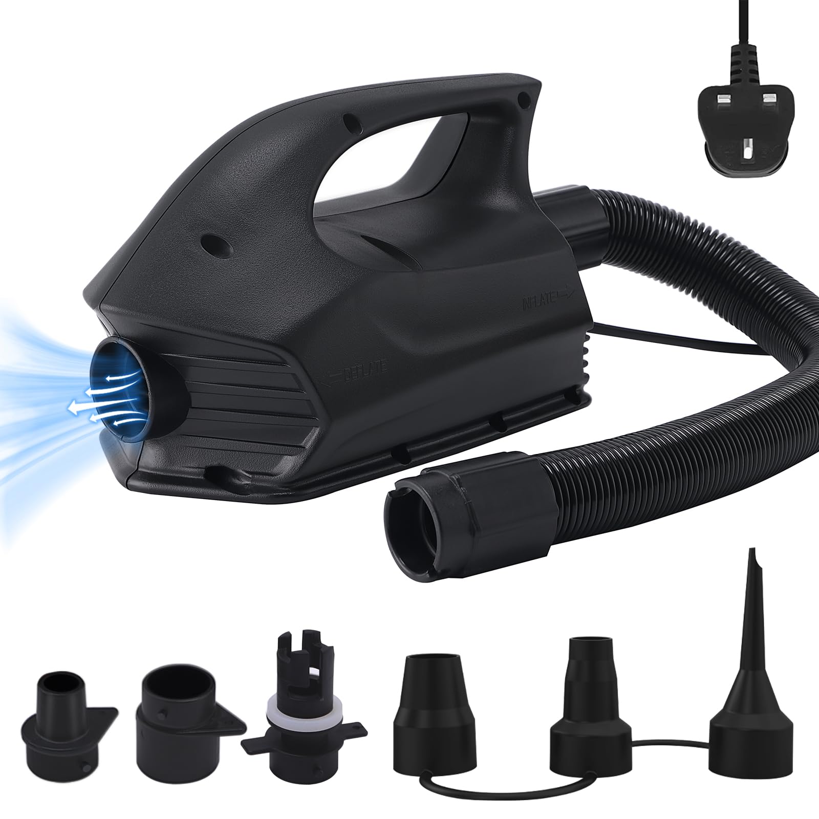 Nestling SUP Pump, Portable Electric Pump, 600W 2PSI Air Pump, Quick-Fill Inflator Deflator With 6 Sizes Nozzle for Paddle Board/Air Mattress/Air Bed/Paddling Pool/Swimming Ring etc, Black