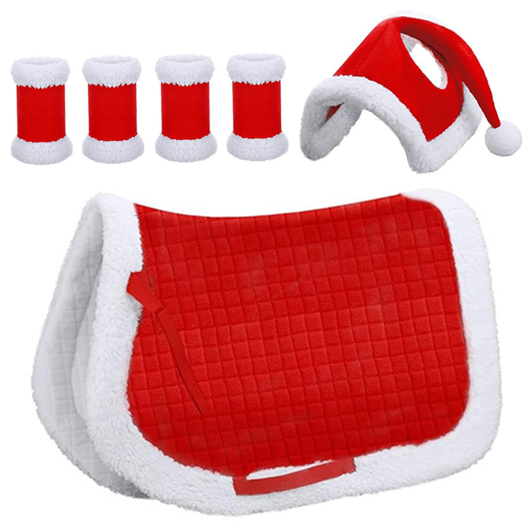 Selle de cheval et costume Noël rouge en peluche 6 pièces pour déguisement équin