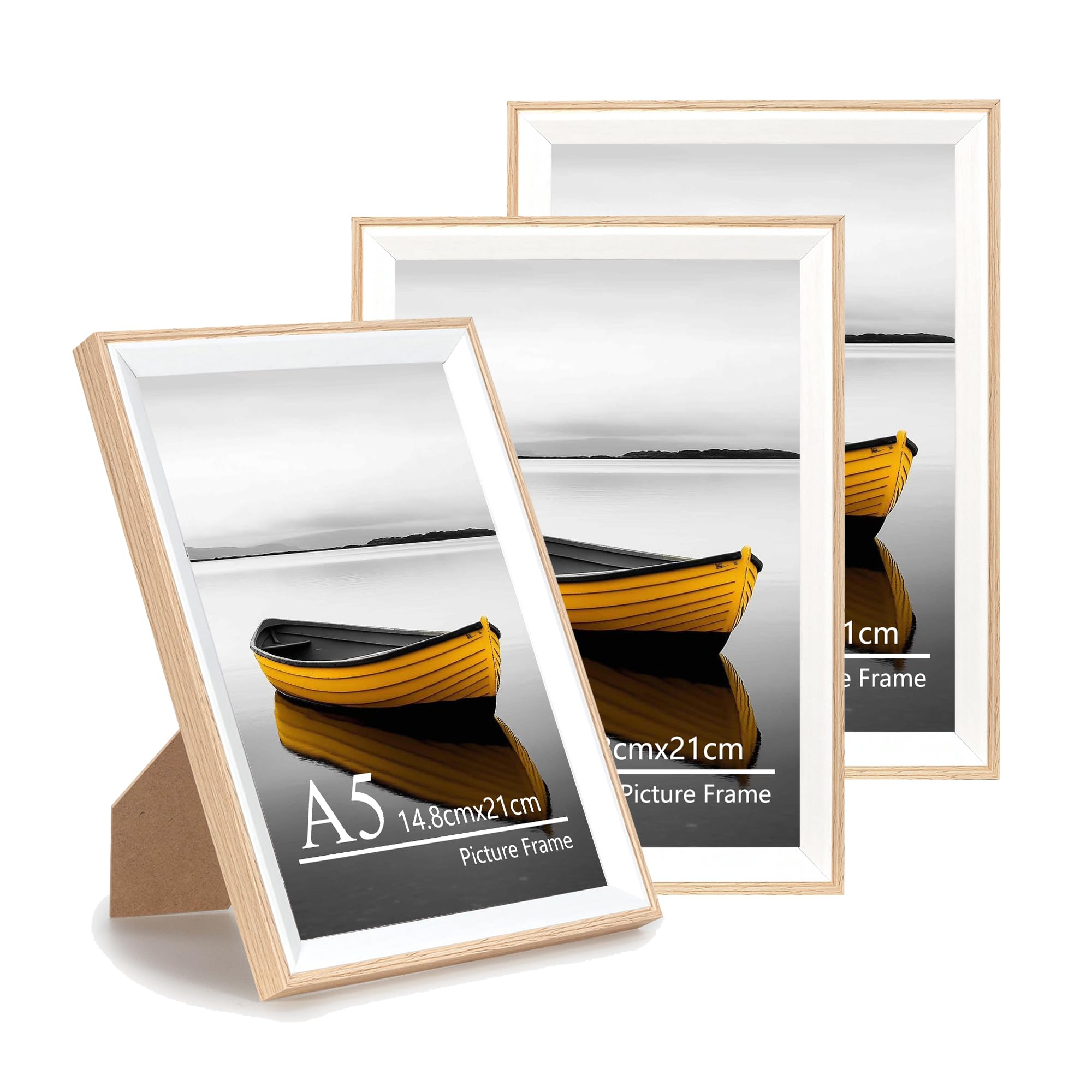 Baoee A5 Oak white Two Tone Picture Frame,Set of 3,photo frame with acrylic glass, A5 Frame,Poster Frame, certificate frame,Wall Mountable