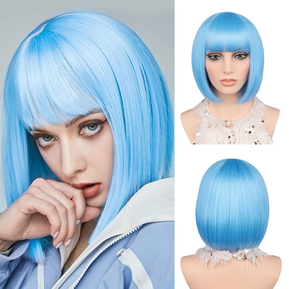 JIAMEISI Short Bob Wig 12" Straight Bob Wigs with Bangs Colourful Heat Resistant Synthetic Fiber Cosplay Christmas Halloween Wig for Women Girls Party Daily Use (Baby Blue)