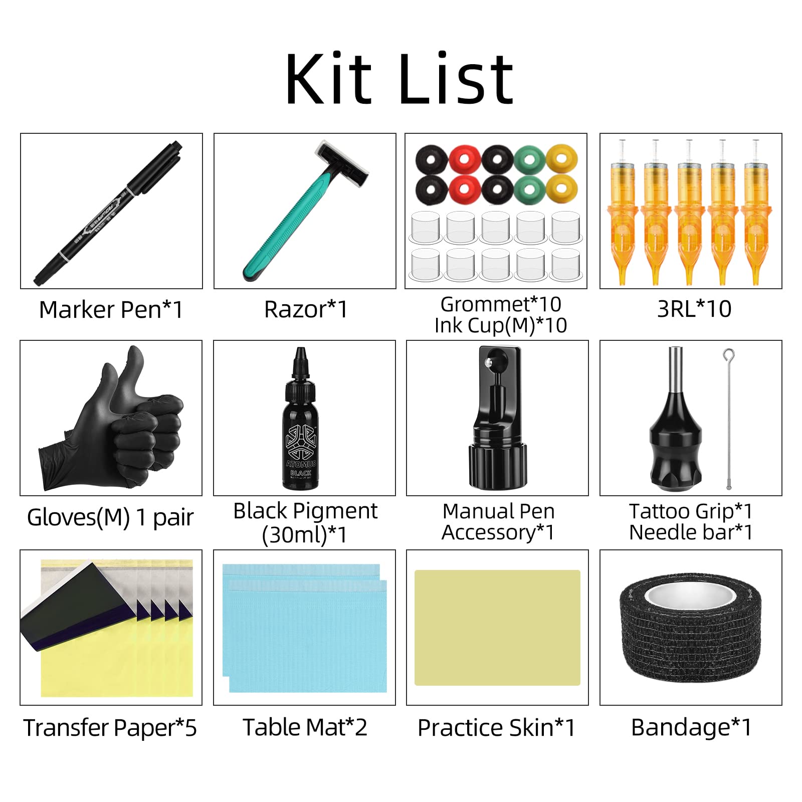 ATOMUS Alloy Tattoo Manual Pen Set Poke n Stick Tattoo Cartridge Poke Pen Stick DIY Kit with 10pcs 3RL Tattoo Cartridge Needles Transfer Papers Ink Cups Tattoo Practice Skin Tattoo Table Mats