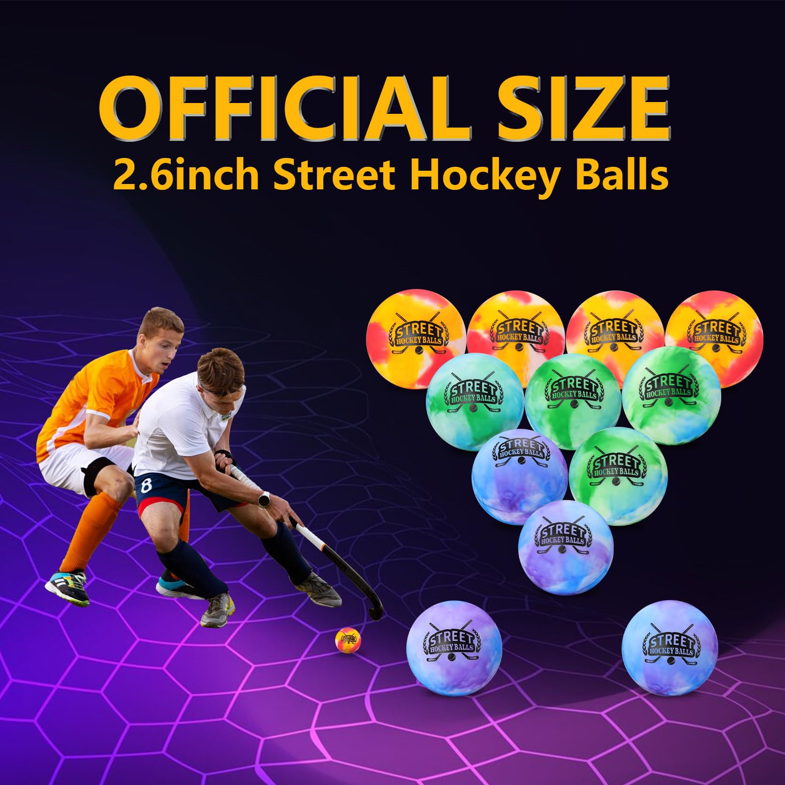 Lot de 3 balles de hockey de rue, hockey sur gazon, non rebondissantes, multicolore, 66 mm