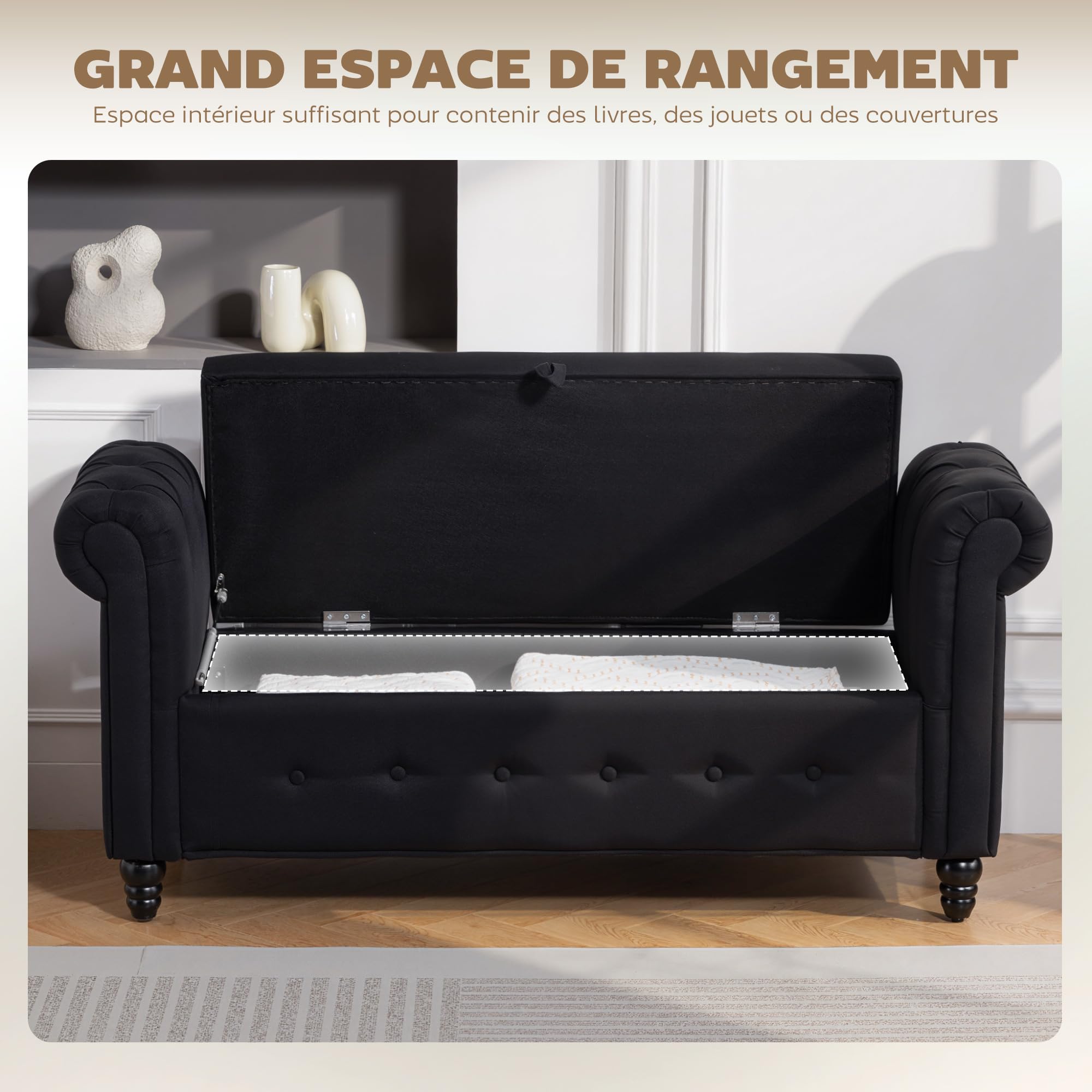HOMCOM Banc de Rangement, Coffre de Rangement 146,5 x 49 x 72 cm Noir | Tissu Aspect Lin, Pieds en Bois