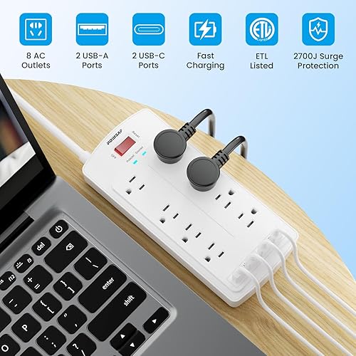 Miniatura 2 de POWSAF - Protector de sobretensiones de 8 tomas, cable de extensión de enchufe plano de 5 pies con 2 puertos USB-C (PD 20W) de carga rápida y 2