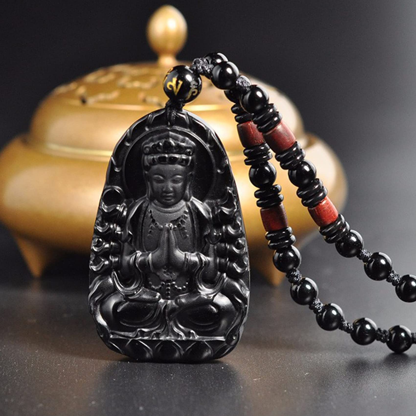 Amazon.co.jp: 風水黒曜石ネックレス仏ペンダントネックレス天然