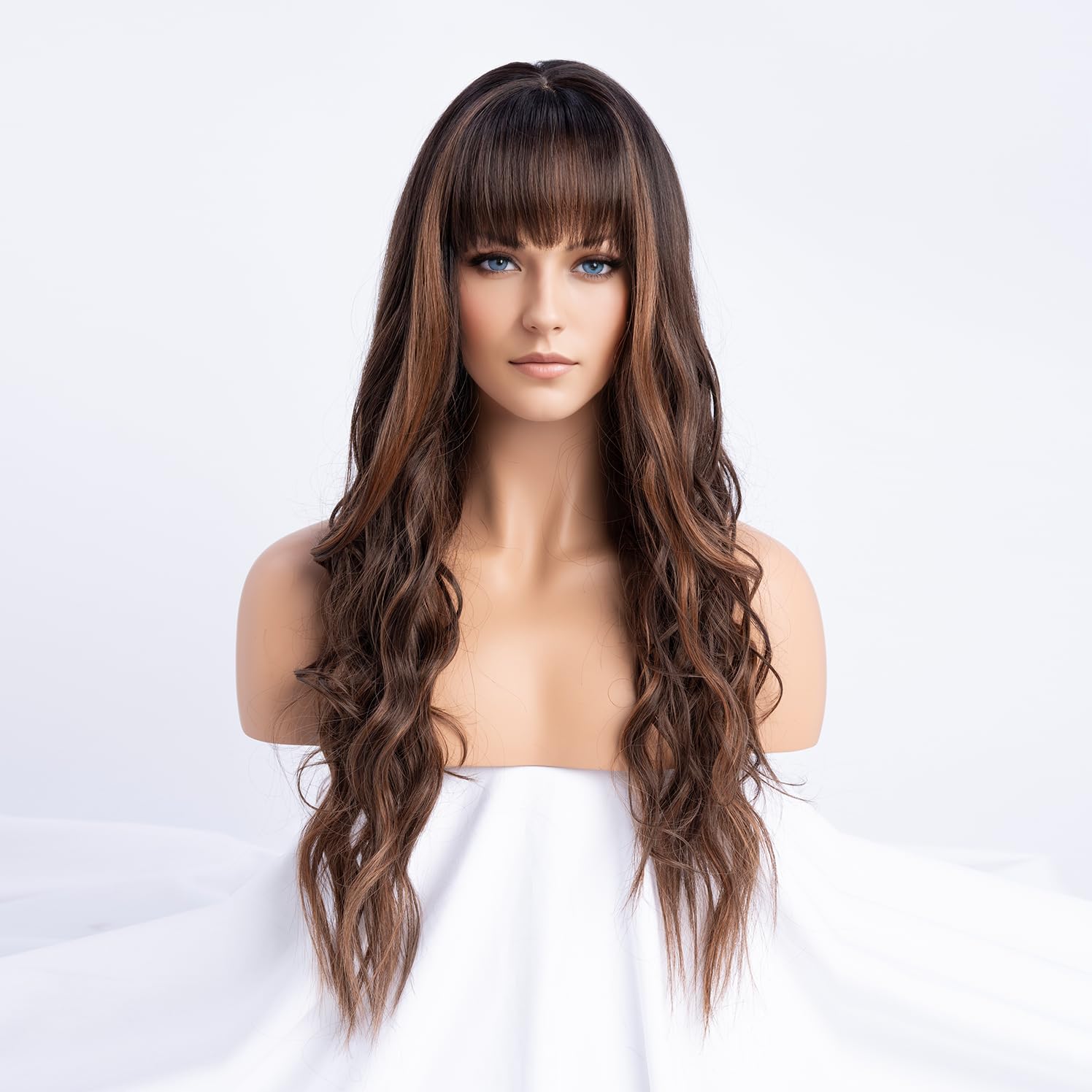 SIMKAYLEE Long Wavy Ladies Dark Brown Wig with Two Highlights Bangs Water Wave Curly Synthetic Chocolate Brown Wigs Highlighted with Fringe for Women Daily Carnival New Years Cosplay Party Use(26inch)