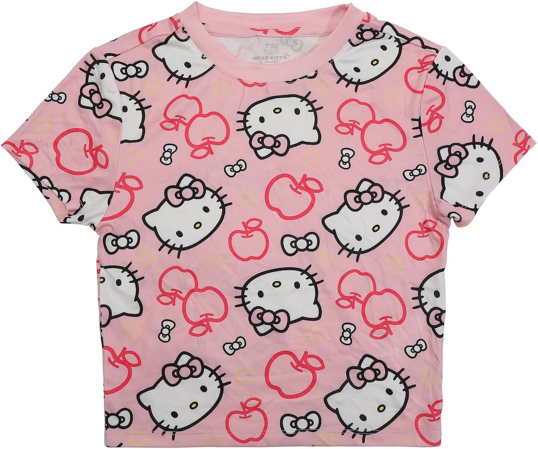 Hello Kitty Character Heads All-Over Print Women's Pink Crew Neck Short Sleeve Baby Tee - Image 7