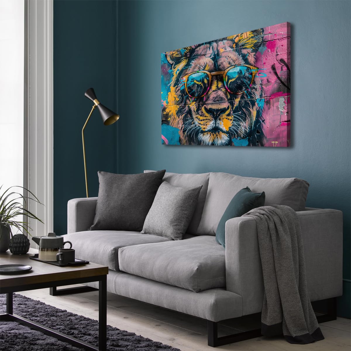 Carteles e impresiones de videojuegos Imágenes de grafitis de animales con gafas de sol Arte de lienzo de gamer Lion Graffiti Decor de pared colorida para la sala de juegos 80x105cm Sin marco