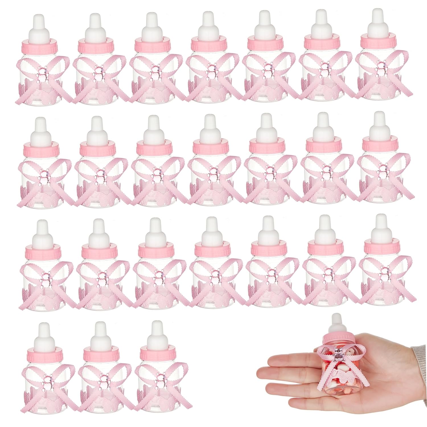 24Pcs Fillable Mini Baby Bottles Bulk with Ribbon, Candy Baby Bottles for Boys Girls Party Supplies, Baptism Christening Birthday Shower Decoration