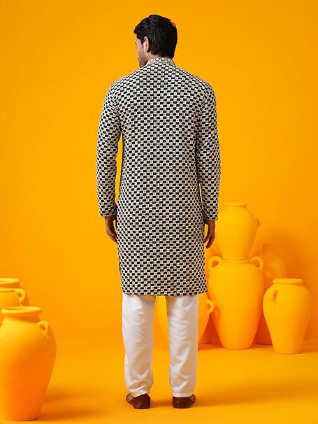 SOJANYA (Since 1958 Men's Cotton Rayon Sequinned Embroidered Kurta with White Pyjama - Image 4