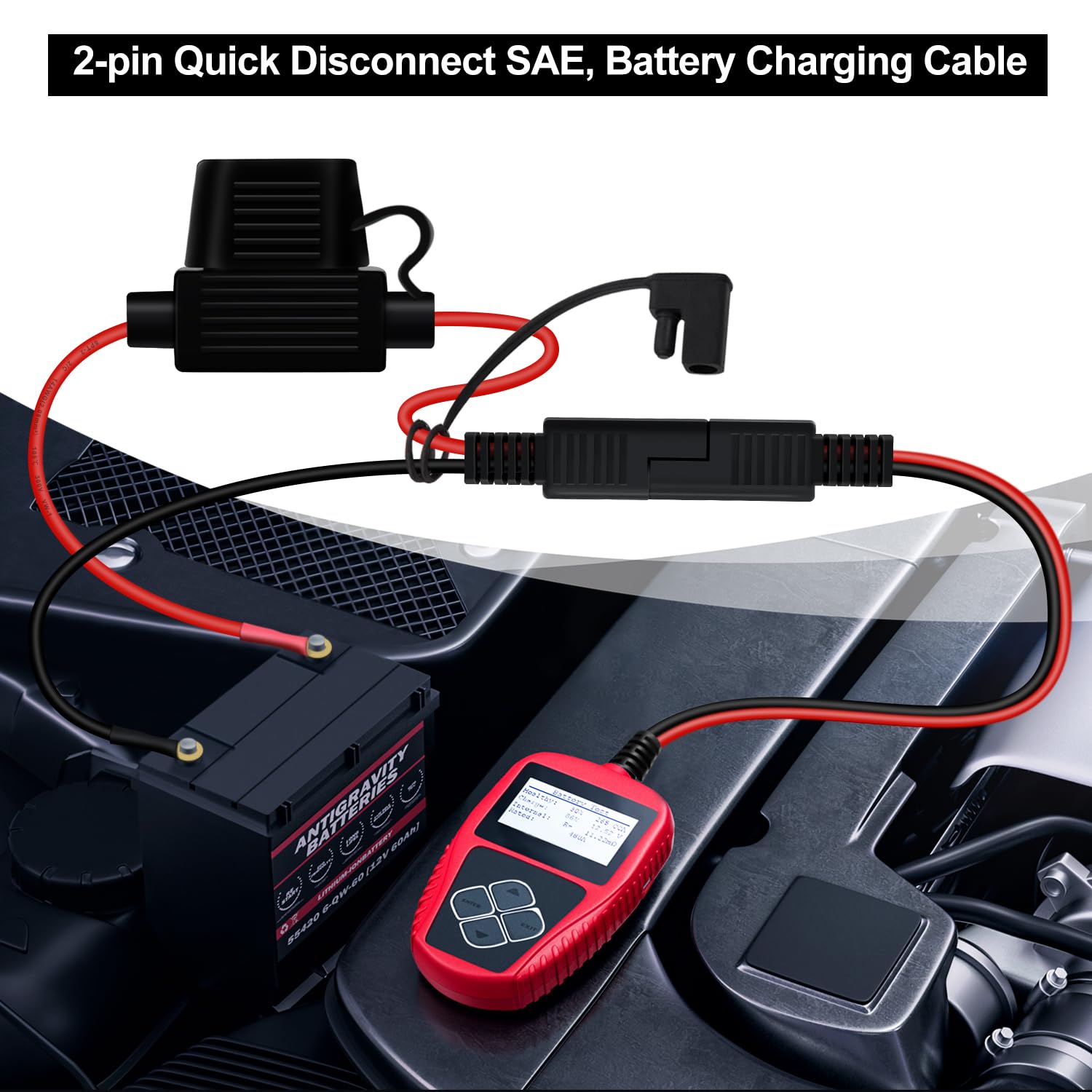 SAE Cable con Terminal de Anillo Cable Cargador Bateria Moto 14AWG 20A Cable Bateria Moto SAE con Fusible para Motocicletas, Paneles Solares, Automóviles, Barcos (1 m)