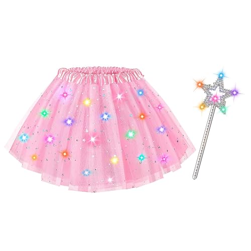 Teuevayl Girls Light Up Tutu Skirt, LED Glow Ballet Tutu Dress and Star Wand Halloween Costume for Kids 3 4 5 6 7 8 Years