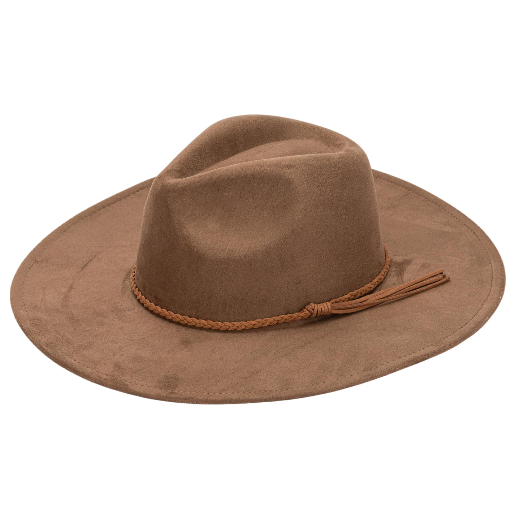 Xoeryoy Wide Brim Fedora Hats for Men Women Vintage Large Flat Brim Cowboy Hat Suede Western Cap with Woven Rope Decor Coffee