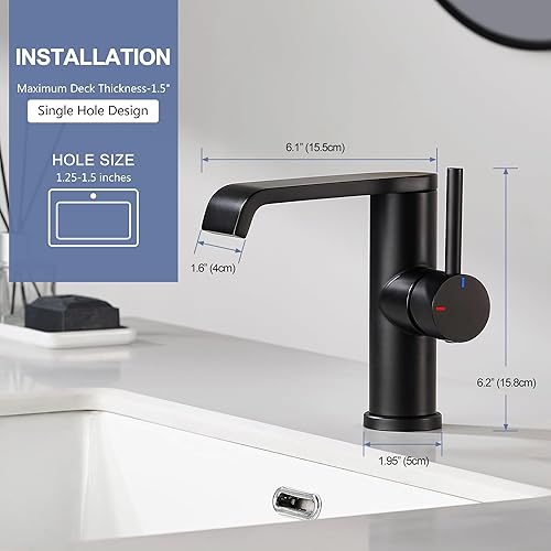 Miniatura 2 de TONNY Grifo de baño negro, grifo de baño de cascada de un solo agujero, grifo de baño negro mate de una sola manija para fregadero 1 agujero con