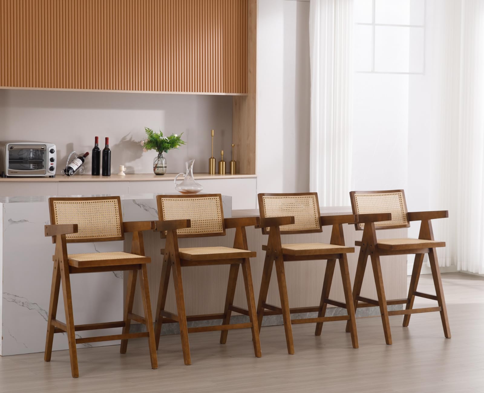 CIMOTA Counter Height Bar Stools for Kitchen Island Set of 4 Wooden Farmhouse Barstools with Rattan Woven Back/Arms Boho Breakfast Bar Stool Chairs for Kitchen Counter/26 Inch/Walnut Finish