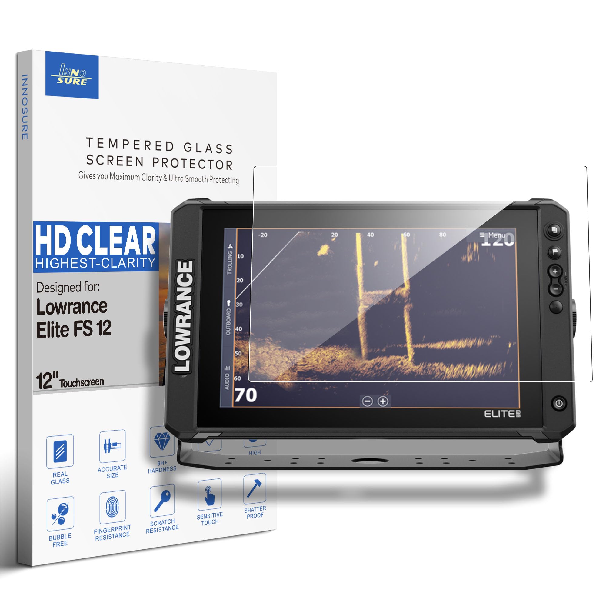 INNOSURE Premium Tempered Glass Screen Protector for Lowrance Elite FS 12 Inch Touchscreen Fish Finders Accessories Anti Scratch (HD Clear)