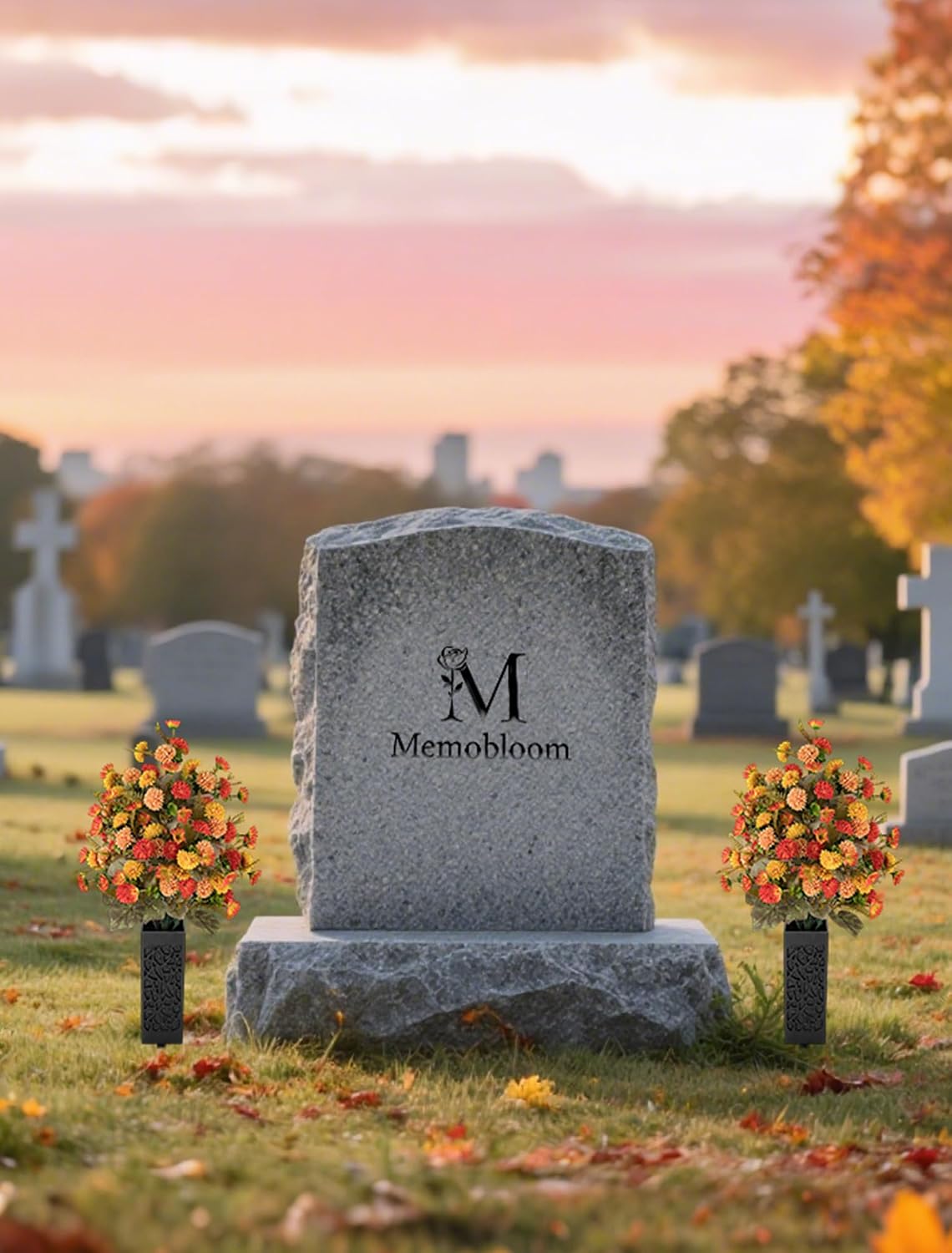 Fall Cemetery Flowers for Grave Decorations, Fake Mums, 2 Pcs