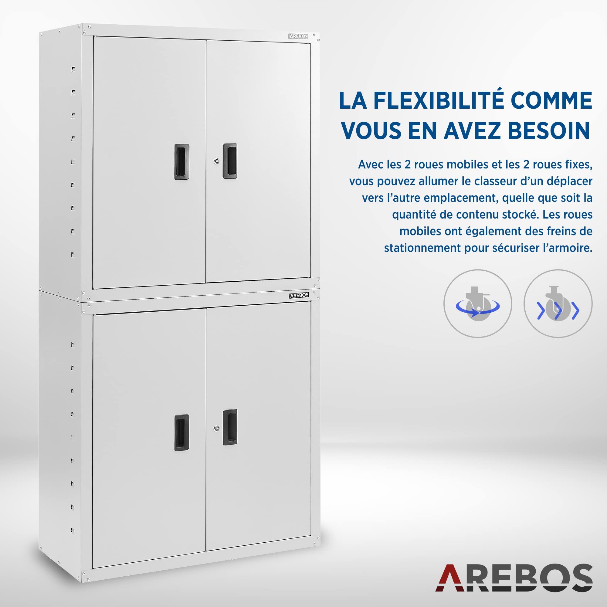 AREBOS Armoire de Bureau en Acier 180×90×40 cm | Meuble de Classement et de Stockage | 2 Étagères Réglables en Hauteur | Armoire à Matériel Robuste | Gris