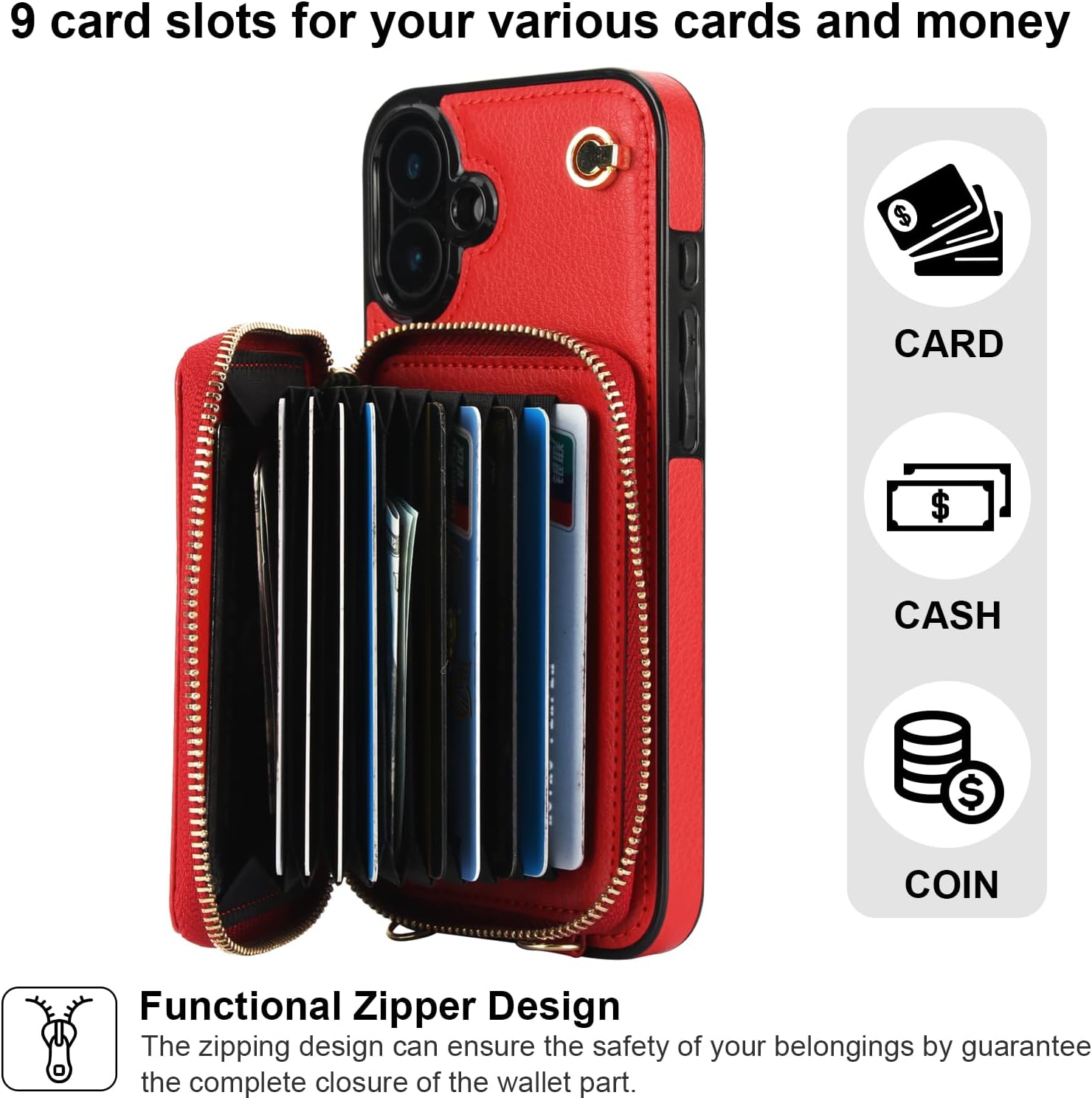 Bocasal Crossbody Wallet Case for iPhone 16 Plus, RFID Blocking Leather Purse Case with Card Holder, Protective Handbag Flip Cover with Zipper Wrist Strap Lanyard for Women 5G 6.7 Inch (Red)