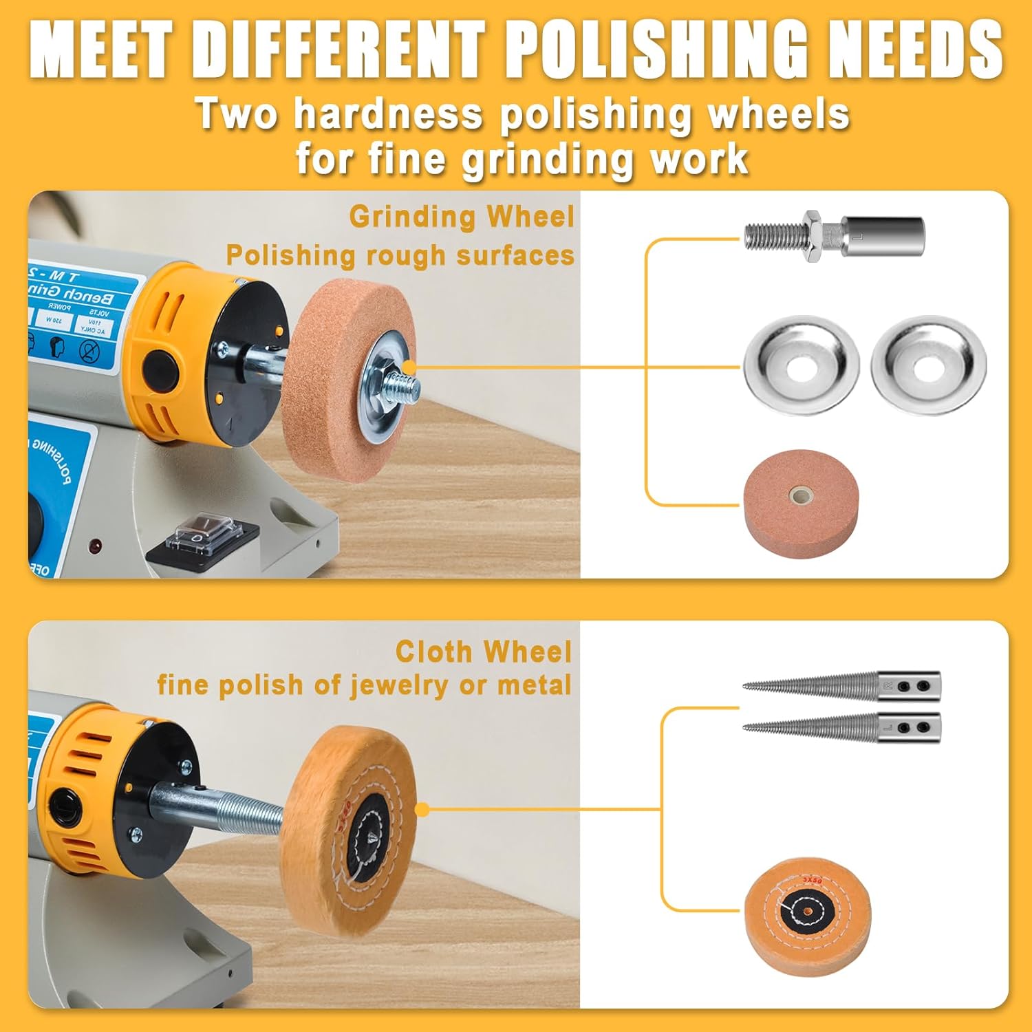 TM-2 Versatile Jewelry Polisher, Adjustable Speed Bench Buffer Grinder Polishing Buffing Machine with Accessory for Jewelry Metal Wood Dental Rock Jade DIY, 350W 110V